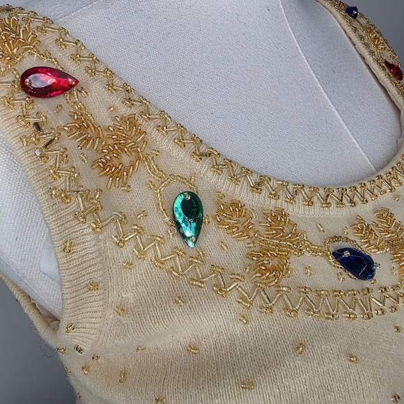Marchesa Cocktail Sweater Tank Vintage 1960's Mid Century Rhintestone Cream Wool - Picture 7 of 16